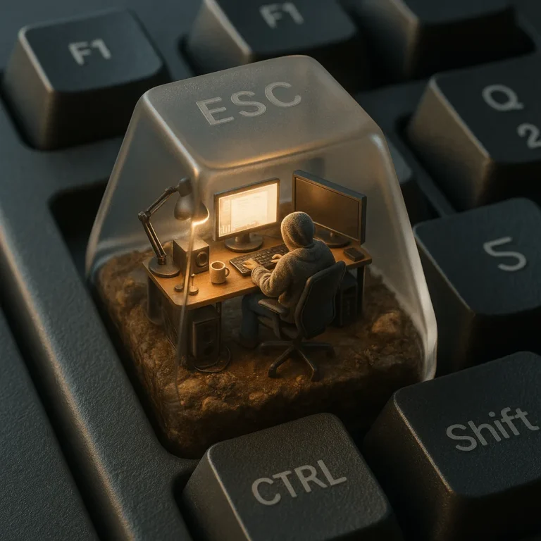 Example output: Miniature computer setup diorama inside an ESC keycap