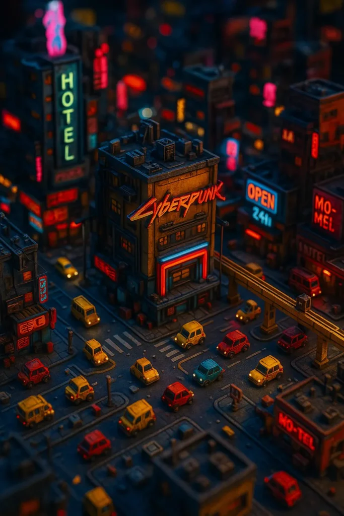 Example output: Highly detailed miniature Cyberpunk landscape viewed from above, with tilt-shift lens effect