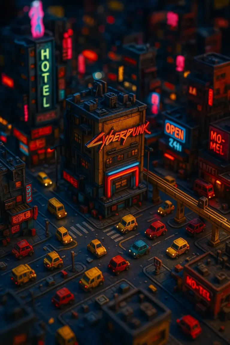 Example output: Highly detailed miniature Cyberpunk landscape viewed from above, with tilt-shift lens effect